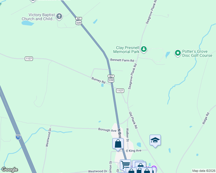 map of restaurants, bars, coffee shops, grocery stores, and more near 109 Burney Road in Asheboro
