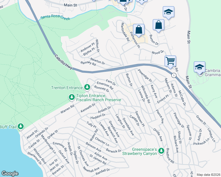 map of restaurants, bars, coffee shops, grocery stores, and more near 2524 Emerson Road in Cambria