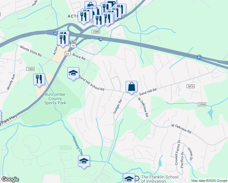 map of restaurants, bars, coffee shops, grocery stores, and more near 50 Sand Hill School Road in Candler