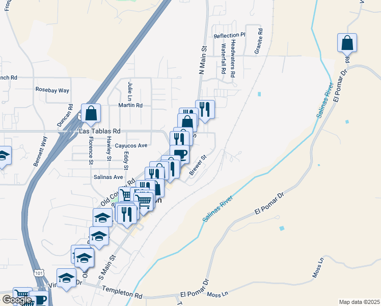 map of restaurants, bars, coffee shops, grocery stores, and more near 93 South Main Street in Templeton