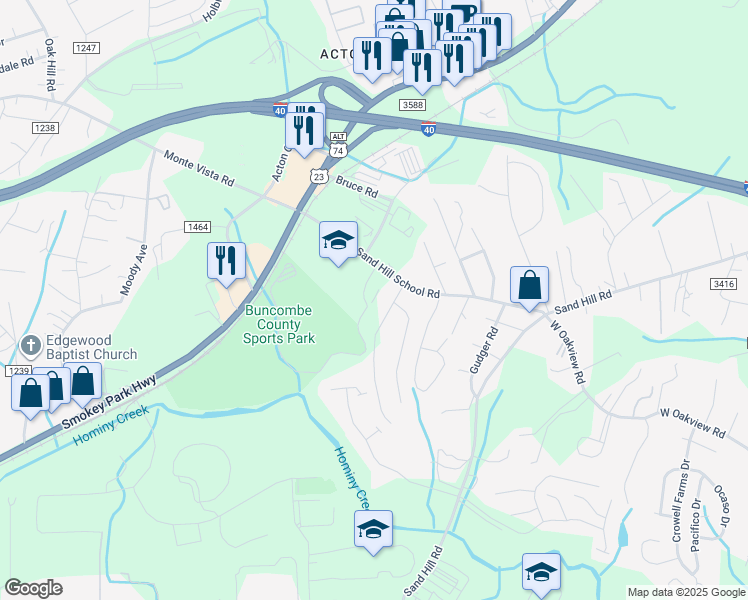 map of restaurants, bars, coffee shops, grocery stores, and more near 154 Sand Hill School Road in Asheville