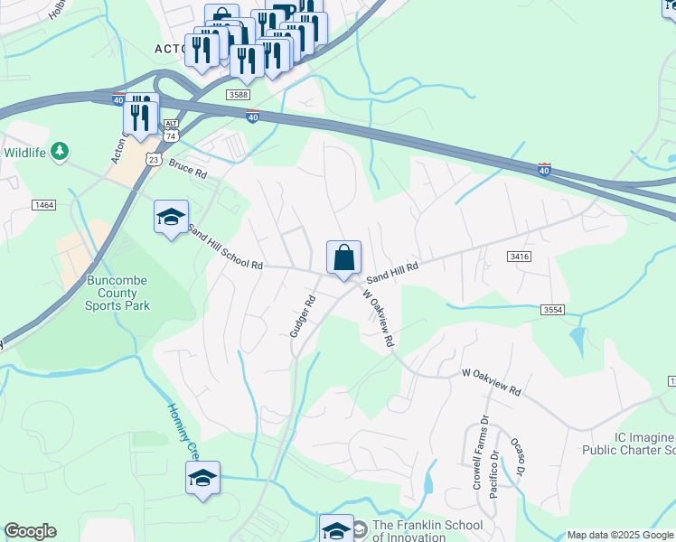 map of restaurants, bars, coffee shops, grocery stores, and more near 15 Sand Hill School Road in Asheville