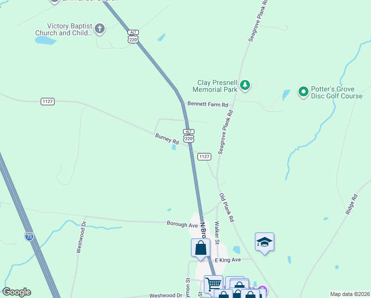 map of restaurants, bars, coffee shops, grocery stores, and more near 109 Burney Road in Asheboro