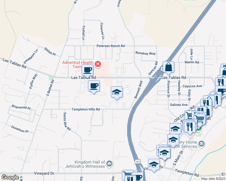 map of restaurants, bars, coffee shops, grocery stores, and more near 290 Heather Court in Templeton