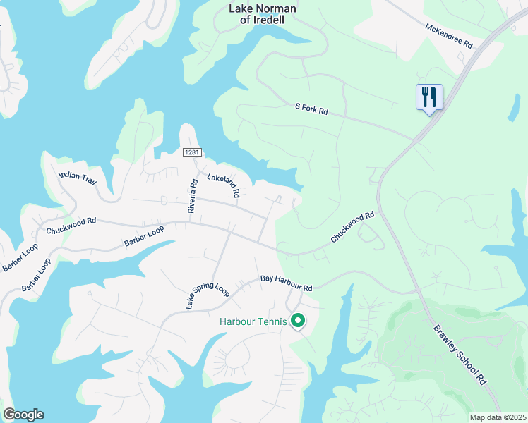 map of restaurants, bars, coffee shops, grocery stores, and more near Seagrove Lane in Mooresville