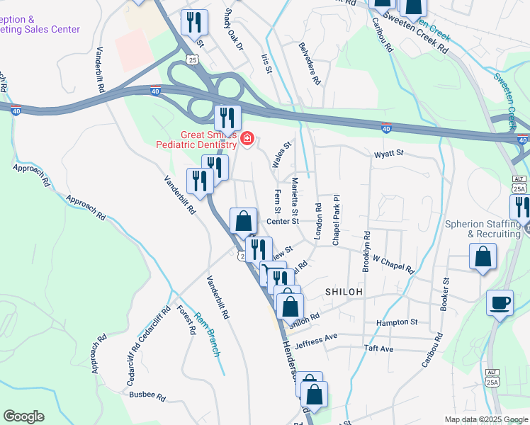 map of restaurants, bars, coffee shops, grocery stores, and more near 626 Brookshire Street in Asheville