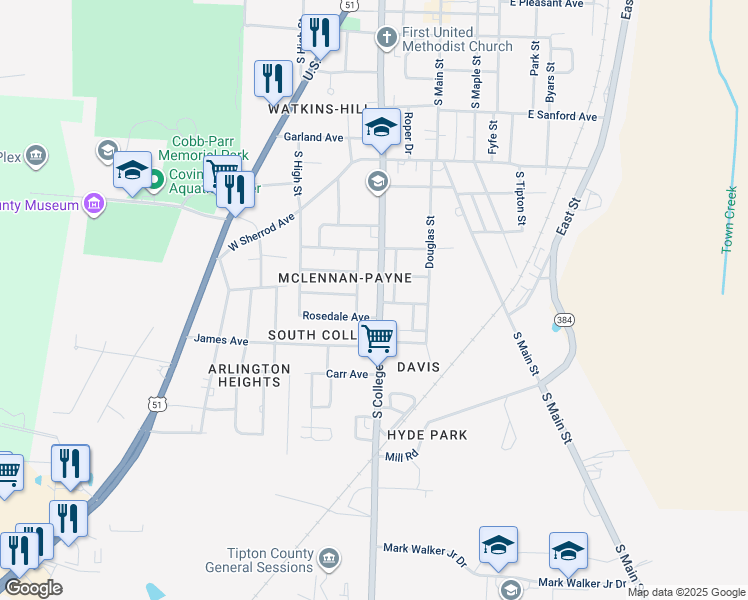 map of restaurants, bars, coffee shops, grocery stores, and more near 1153 South College Street in Covington