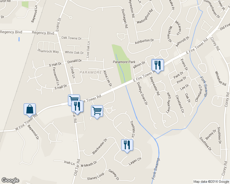 map of restaurants, bars, coffee shops, grocery stores, and more near 120 Pine Branches Close in Winterville