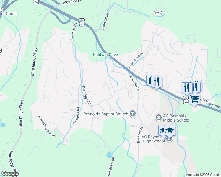 map of restaurants, bars, coffee shops, grocery stores, and more near 5 Bent Tree Drive in Asheville