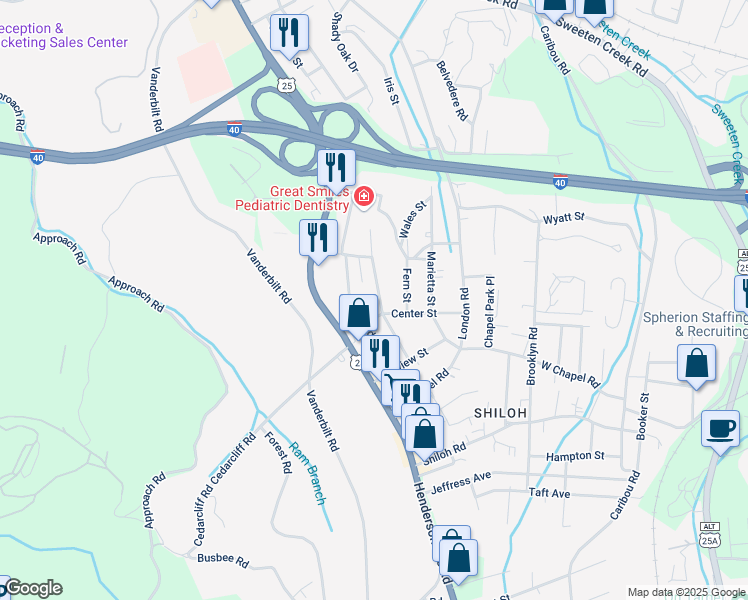 map of restaurants, bars, coffee shops, grocery stores, and more near 626 Brookshire Street in Asheville