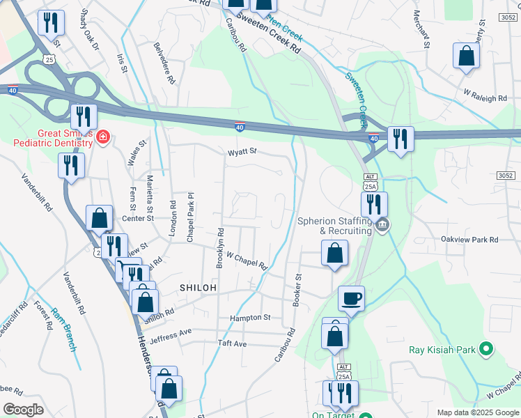map of restaurants, bars, coffee shops, grocery stores, and more near 727 Appeldoorn Circle in Asheville