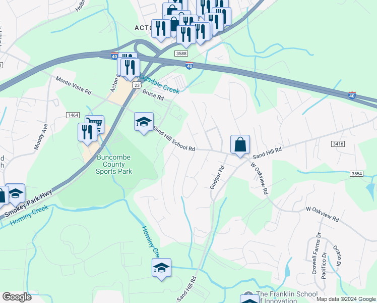 map of restaurants, bars, coffee shops, grocery stores, and more near 74 Sand Hill School Road in Candler