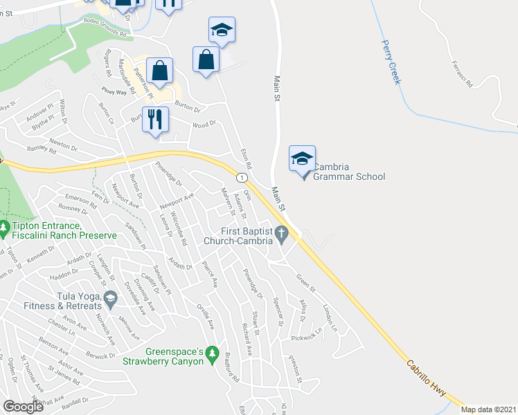 map of restaurants, bars, coffee shops, grocery stores, and more near 2311 Green Street in Cambria