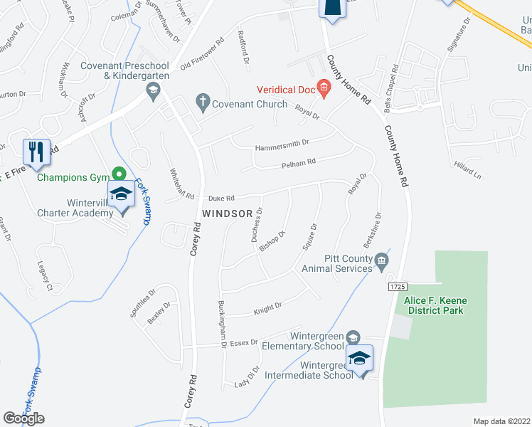 map of restaurants, bars, coffee shops, grocery stores, and more near 105 Duchess Drive in Winterville