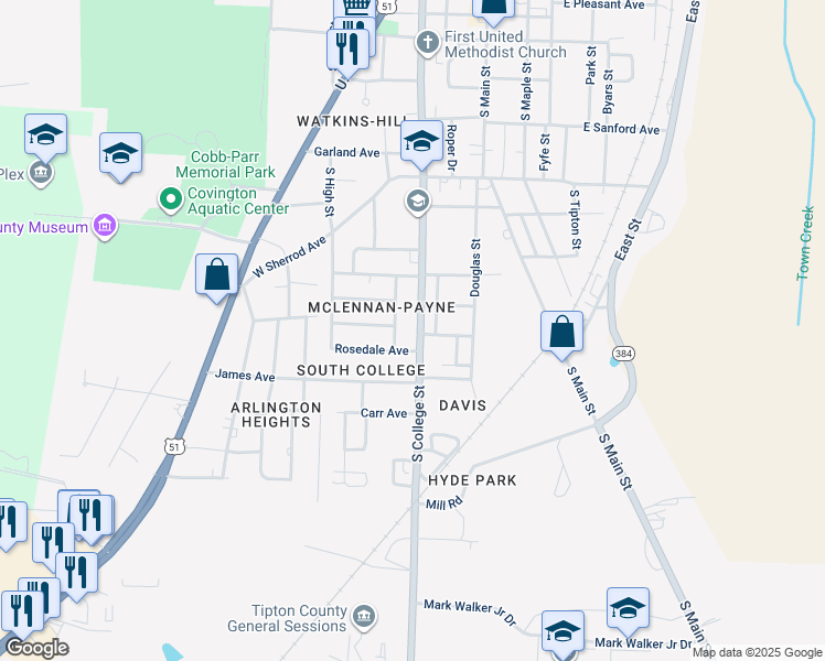 map of restaurants, bars, coffee shops, grocery stores, and more near 1153 South College Street in Covington