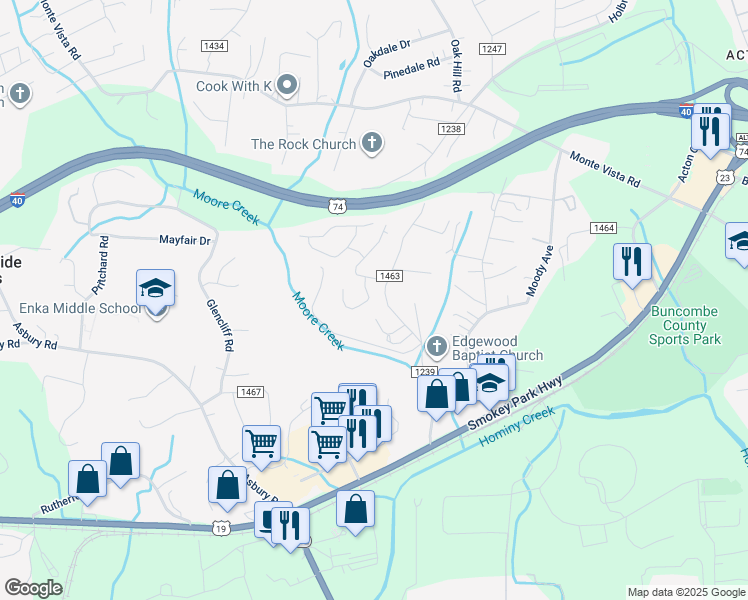 map of restaurants, bars, coffee shops, grocery stores, and more near 169 Lower Edgewood Road in Candler