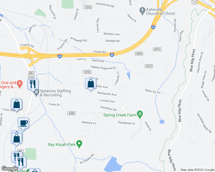 map of restaurants, bars, coffee shops, grocery stores, and more near 34 Lamar Avenue in Asheville