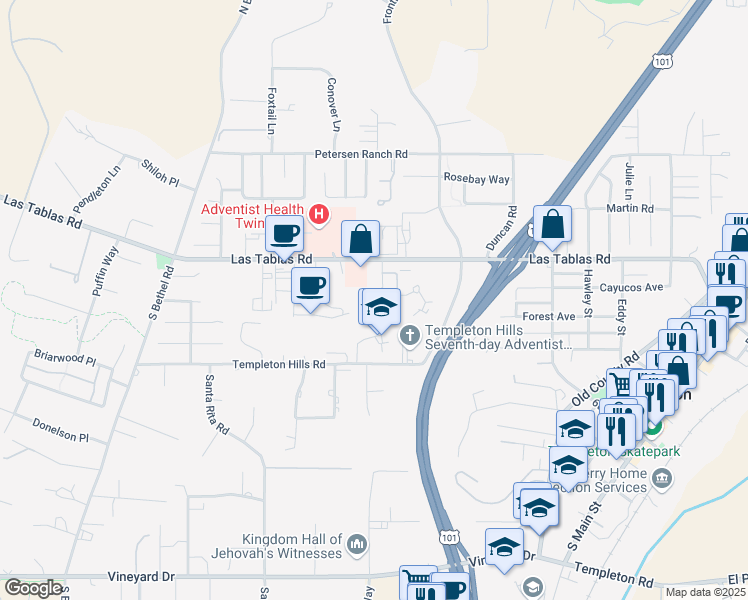 map of restaurants, bars, coffee shops, grocery stores, and more near 290 Heather Court in Templeton