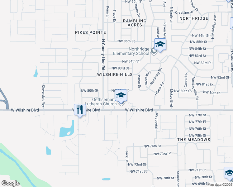 map of restaurants, bars, coffee shops, grocery stores, and more near 8016 Wilshire Hills Drive in Oklahoma City