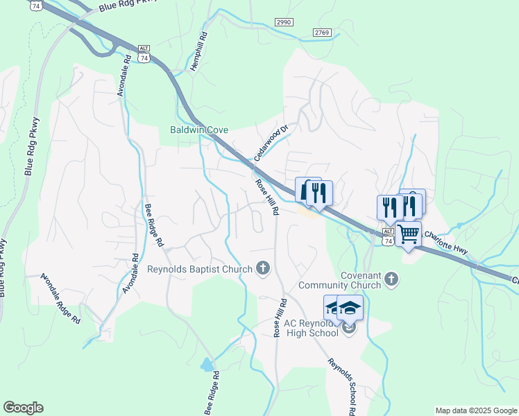 map of restaurants, bars, coffee shops, grocery stores, and more near 34 Cedarcliff Circle in Asheville