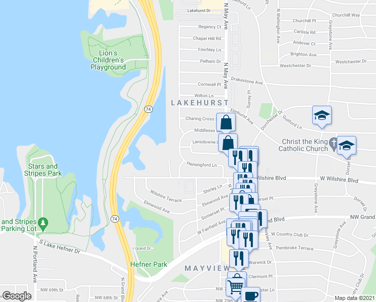 map of restaurants, bars, coffee shops, grocery stores, and more near 3032 Rossmore Place in Oklahoma City