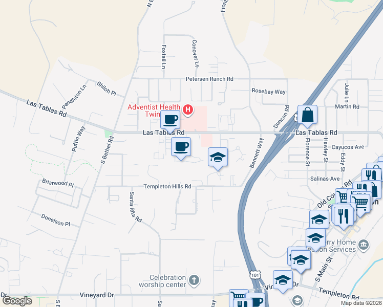 map of restaurants, bars, coffee shops, grocery stores, and more near 267 Via las Casitas in Templeton