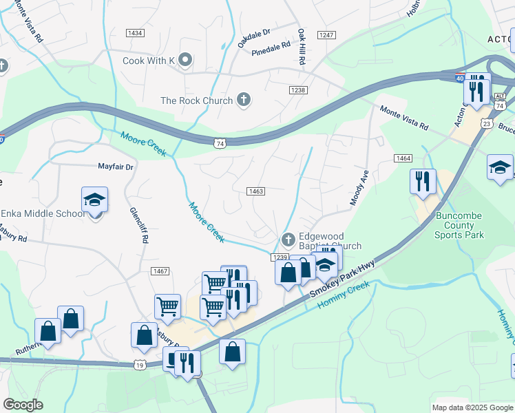 map of restaurants, bars, coffee shops, grocery stores, and more near 176 Lower Edgewood Road in Candler