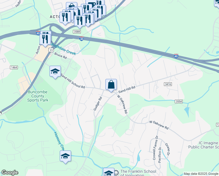 map of restaurants, bars, coffee shops, grocery stores, and more near 25 Sand Hill School Road in Asheville