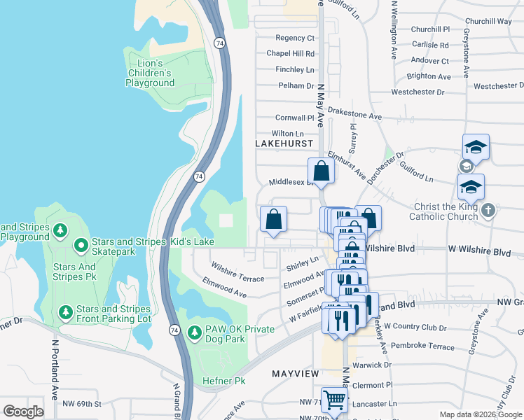 map of restaurants, bars, coffee shops, grocery stores, and more near 3032 Rossmore Place in Oklahoma City