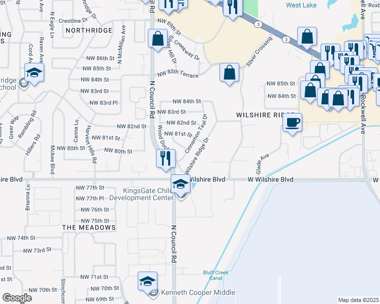 map of restaurants, bars, coffee shops, grocery stores, and more near 8024 Cinnamon Teal Drive in Oklahoma City