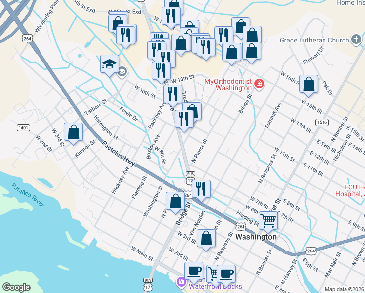 map of restaurants, bars, coffee shops, grocery stores, and more near Washington Street in Washington