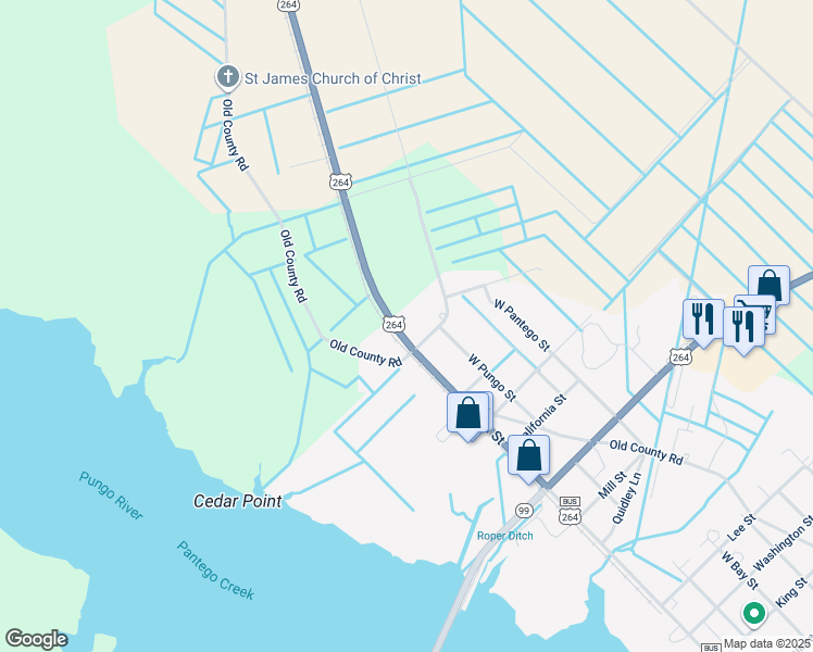map of restaurants, bars, coffee shops, grocery stores, and more near 28953 U.S. 264 in Belhaven