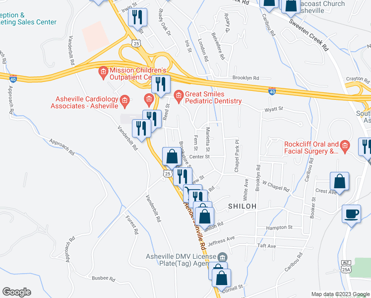 map of restaurants, bars, coffee shops, grocery stores, and more near 615 Brookshire Street in Asheville