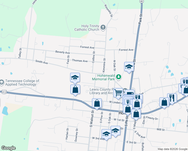 map of restaurants, bars, coffee shops, grocery stores, and more near 406 Smith Avenue in Hohenwald