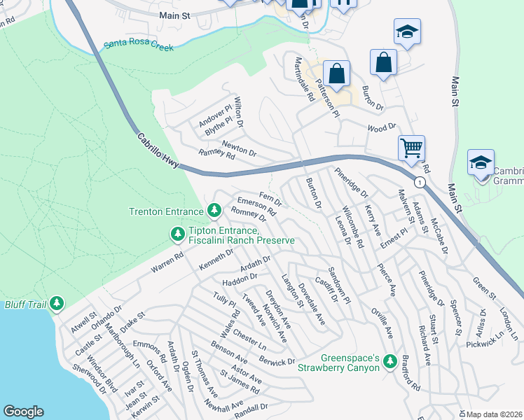 map of restaurants, bars, coffee shops, grocery stores, and more near 2524 Emerson Road in Cambria
