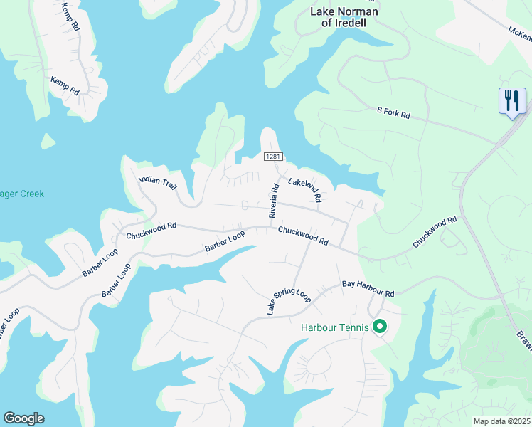 map of restaurants, bars, coffee shops, grocery stores, and more near 113 Riveria Road in Mooresville
