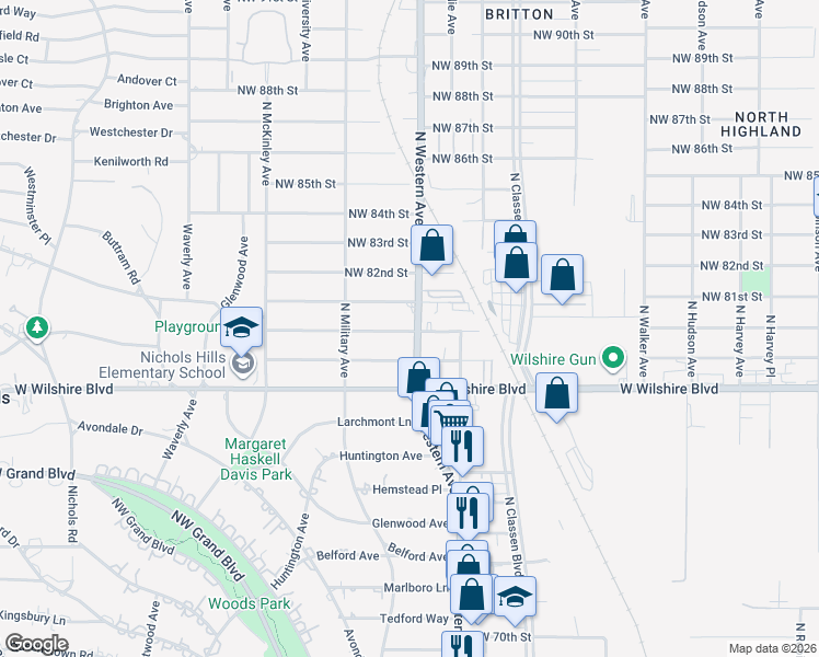 map of restaurants, bars, coffee shops, grocery stores, and more near 8101 North Western Avenue in Oklahoma City
