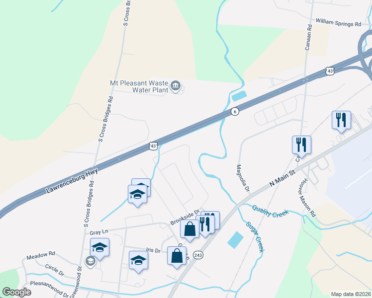 map of restaurants, bars, coffee shops, grocery stores, and more near 501 Brookside Drive in Mount Pleasant