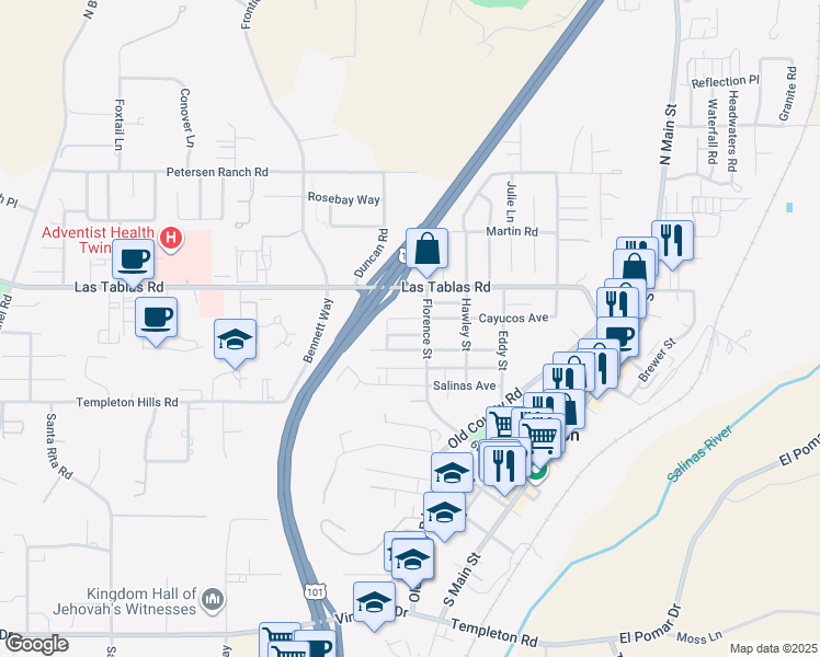 map of restaurants, bars, coffee shops, grocery stores, and more near 745 Cayucos Avenue in Templeton