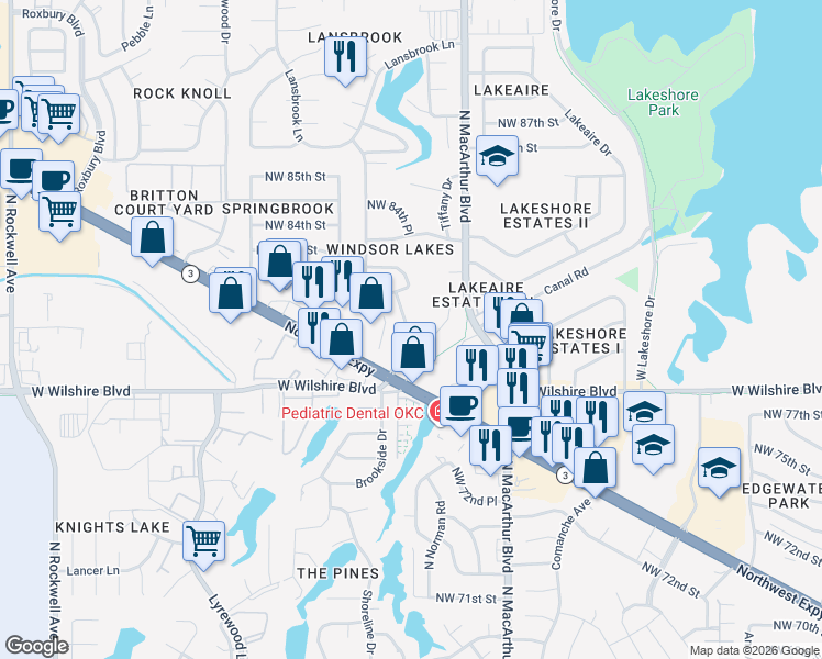 map of restaurants, bars, coffee shops, grocery stores, and more near 8108 North Brookside Drive in Oklahoma City