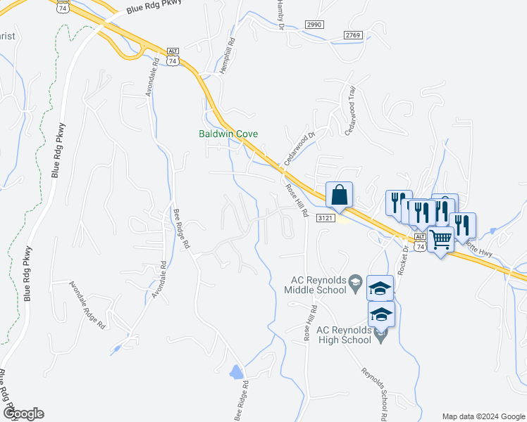 map of restaurants, bars, coffee shops, grocery stores, and more near 6 Creekside Lane in Asheville