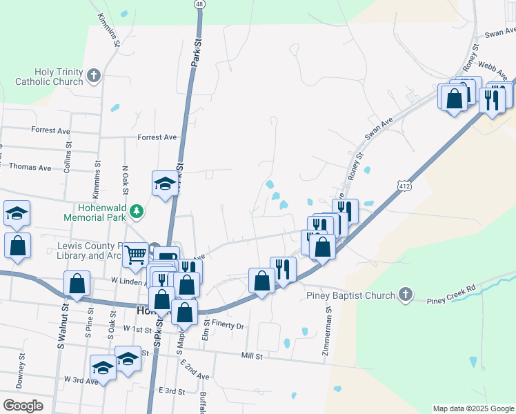 map of restaurants, bars, coffee shops, grocery stores, and more near in Hohenwald