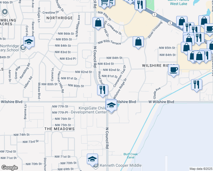 map of restaurants, bars, coffee shops, grocery stores, and more near 8012 Wood Duck Drive in Oklahoma City