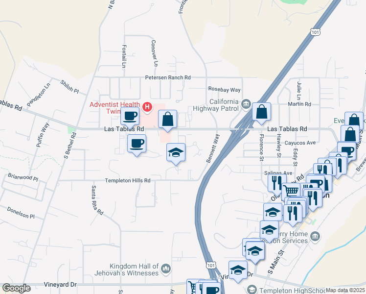 map of restaurants, bars, coffee shops, grocery stores, and more near 283 Heather Court in Templeton
