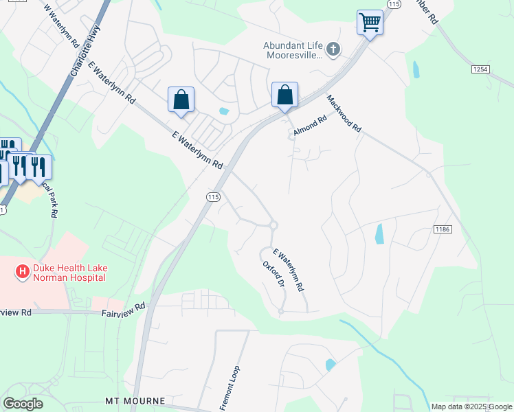 map of restaurants, bars, coffee shops, grocery stores, and more near 306 East Waterlynn Road in Mooresville