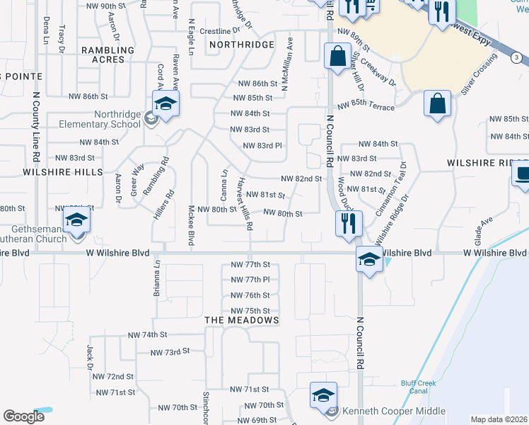 map of restaurants, bars, coffee shops, grocery stores, and more near 8120 Northwest 80th Street in Oklahoma City
