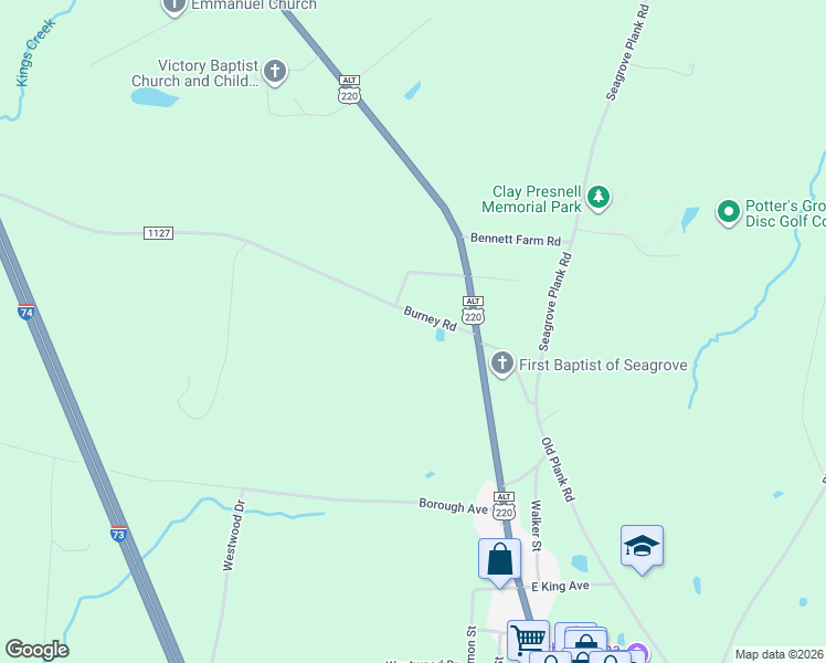 map of restaurants, bars, coffee shops, grocery stores, and more near 175 Burney Road in Asheboro