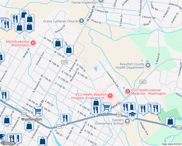 map of restaurants, bars, coffee shops, grocery stores, and more near 336 East 15th Street in Washington