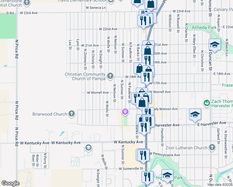 map of restaurants, bars, coffee shops, grocery stores, and more near 1501-1639 North Sumner Street in Pampa