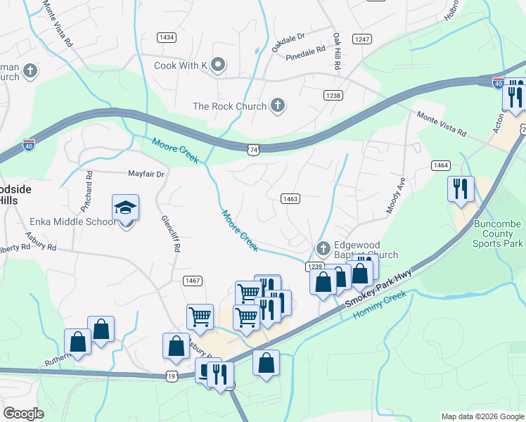 map of restaurants, bars, coffee shops, grocery stores, and more near 169 Lower Edgewood Road in Candler